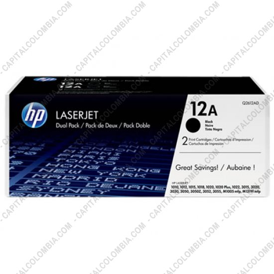 Cintas para impresoras POS, Tonner, CD, DVD y Otros, Marca: HP - Toner HP 12A Negro x 2 Unidades para Laserjet 1000 y 3000 para 2.000 Páginas Aprox. por Cartucho  (Ref. Q2612AD)