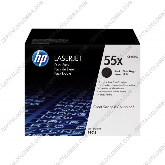 Cintas para impresoras POS, Tonner, CD, DVD y Otros, Marca: HP - Toner HP 55x Negro x 2 Unidades para Laserjet P3015 para 12.500 Páginas Aprox. (Alto Rendimiento) (Ref. CE255XD)