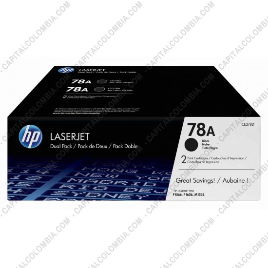 Cintas para impresoras POS, Tonner, CD, DVD y Otros, Marca: HP - Toner HP 78A Negro x 2 Unidades para LaserJet P1566/P1606/m1536 para 2.100 Páginas Aprox. (Ref. CE278AD)