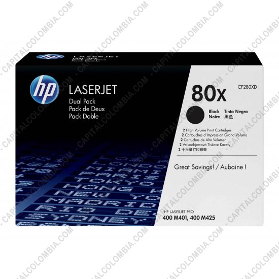 Cintas para impresoras POS, Tonner, CD, DVD y Otros, Marca: HP - Toner HP 80x Negro x 2 Unidades para Laserjet Pro 400 M401 para 6.900 Páginas Aprox. (Ref. CF280XD)