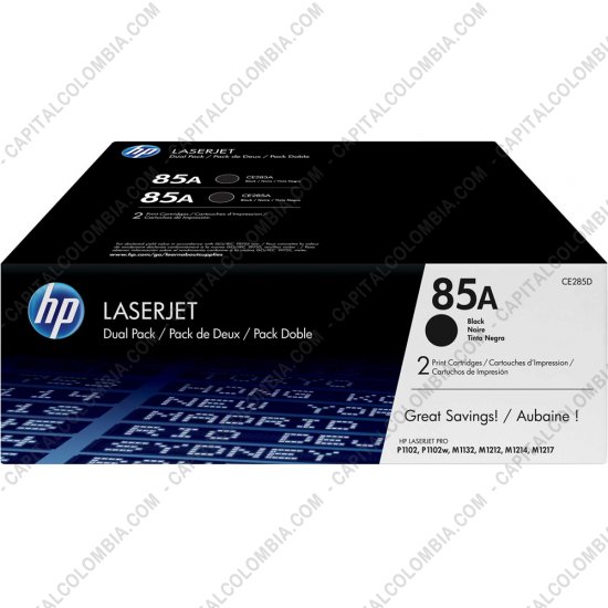 Cintas para impresoras POS, Tonner, CD, DVD y Otros, Marca: HP - Toner HP 85A Negro X 2 unidades para Laserjet P1102, P1102w, P1102w, M1132, M1212nf, M1217nfw para 1.600 Aprox. (Ref. CE285AD)