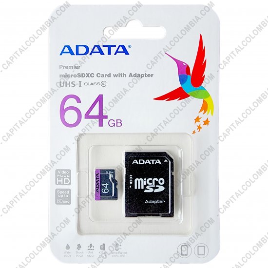 Discos duros externos, de estado sólido, Memorias USB, Kingston, Marca: Adata - Memoria ADATA Micro SD 64GB Micro Clase 10UHS con Adaptador SD