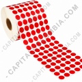 Rollo de etiquetas circulares color rojo en papel de transferencia de 20.000 rótulos a seis columnas de 1.3cms x 1.3cms (13x13mm) - Marca CapitalColombia