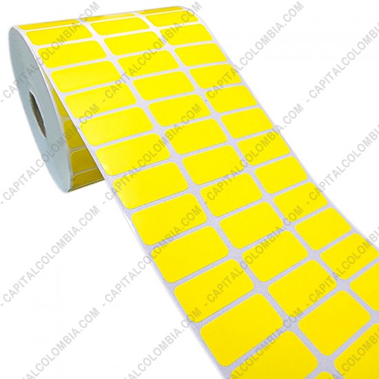 Rollos de etiquetas adhesivas y Nylon Textil, Marca: CapitalColombia - Rollo de etiquetas en papel de transferencia color amarillo de 10.000 rótulos a tres columnas de 3.2cms x 1.5cms (32x15mm)