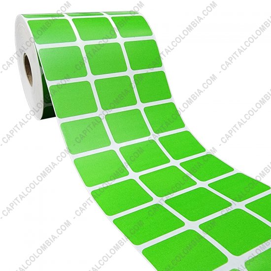 Rollos de etiquetas adhesivas y Nylon Textil, Marca: CapitalColombia - Rollo de etiquetas en papel de transferencia color verde de 5.000 rótulos a tres columnas de 3.2cms x 2.5cms (32x25mm)