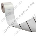 Rollo de etiquetas transparentes de 1.000 etiquetas a una columna 10cms x 5cms (100x50mm) con marca negra - Marca CapitalColombia