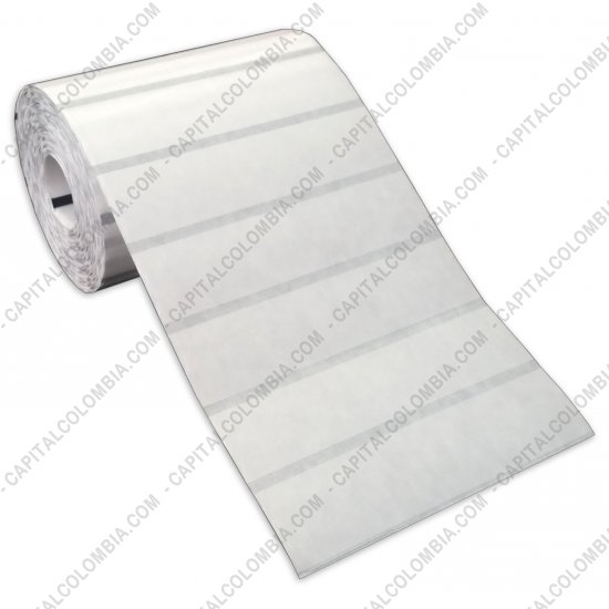 Rollos de etiquetas adhesivas y Nylon Textil, Marca: CapitalColombia - Rollo de etiquetas transparentes de 2.500 etiquetas a dos columnas 5.3cms x 2.8cms (53x28mm) con marca negra