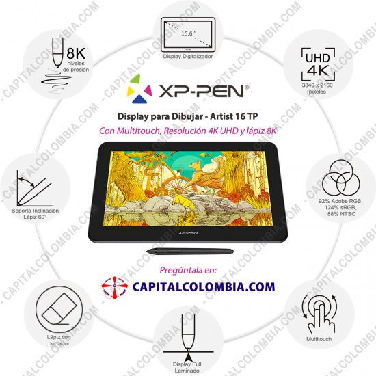 Tablas Digitalizadoras Wacom, Huion, Xp-Pen y otras, Marca: Xp-Pen - Display Digitalizador XP-Pen Artist 16TP UltraHD Multitouch - MD160U - lápiz 8K con borrador y área activa de 34.56cm x 19.44cm